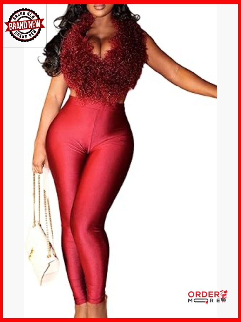 Sexy Two Piece Set Furry Sleeveless Backless Top Satin Bodycon Pants Club Outfit